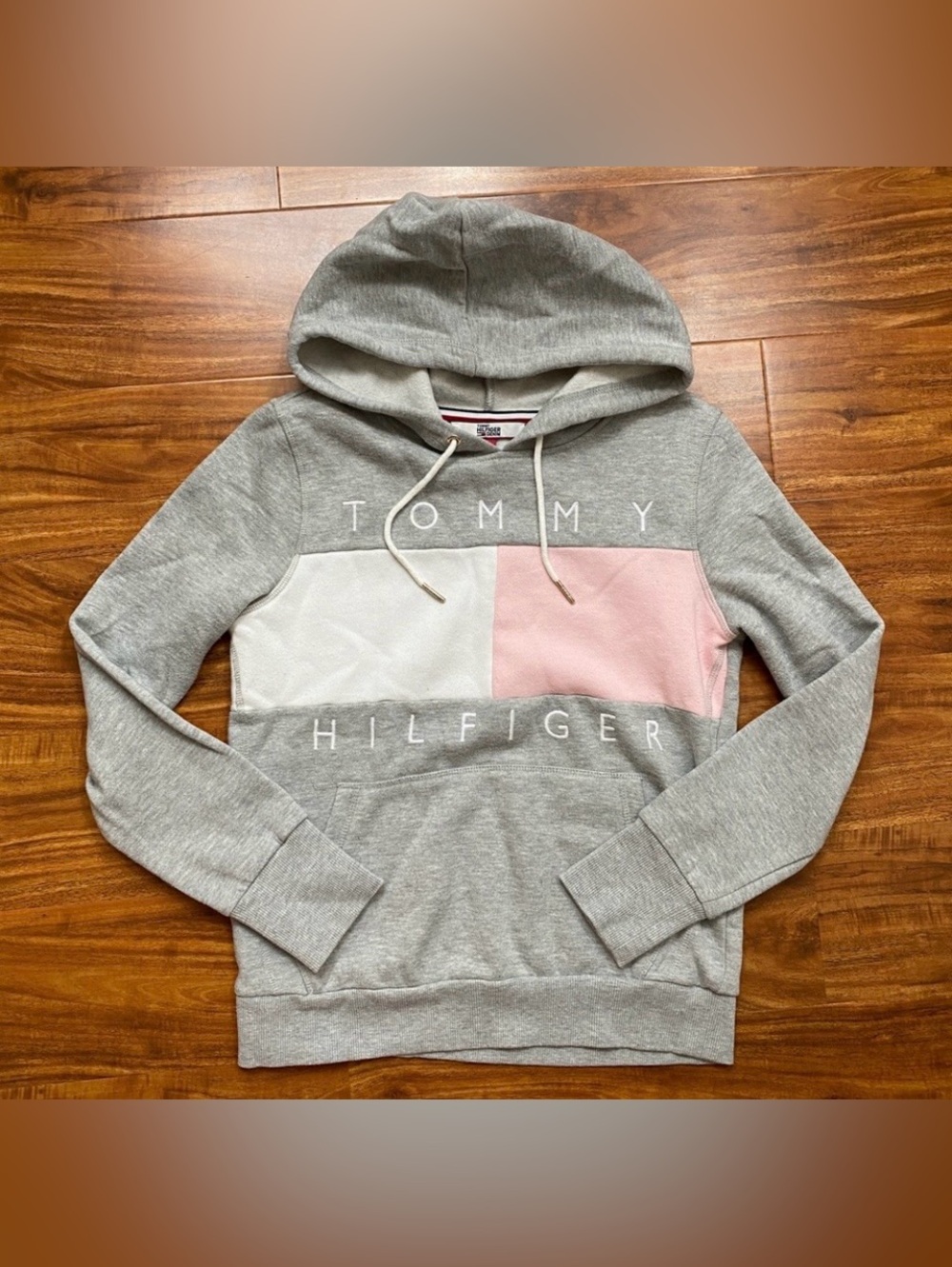 Tommy Hilfiger Women's Gray Soft Fleece Lined Logo Hoodie Sweatshirt XS Casual